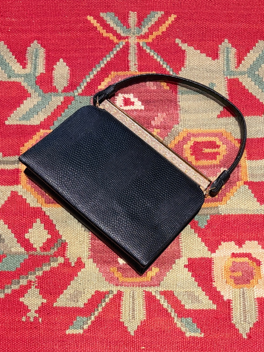 1950s Classic Black Leather Evening Purse with Gold Trim